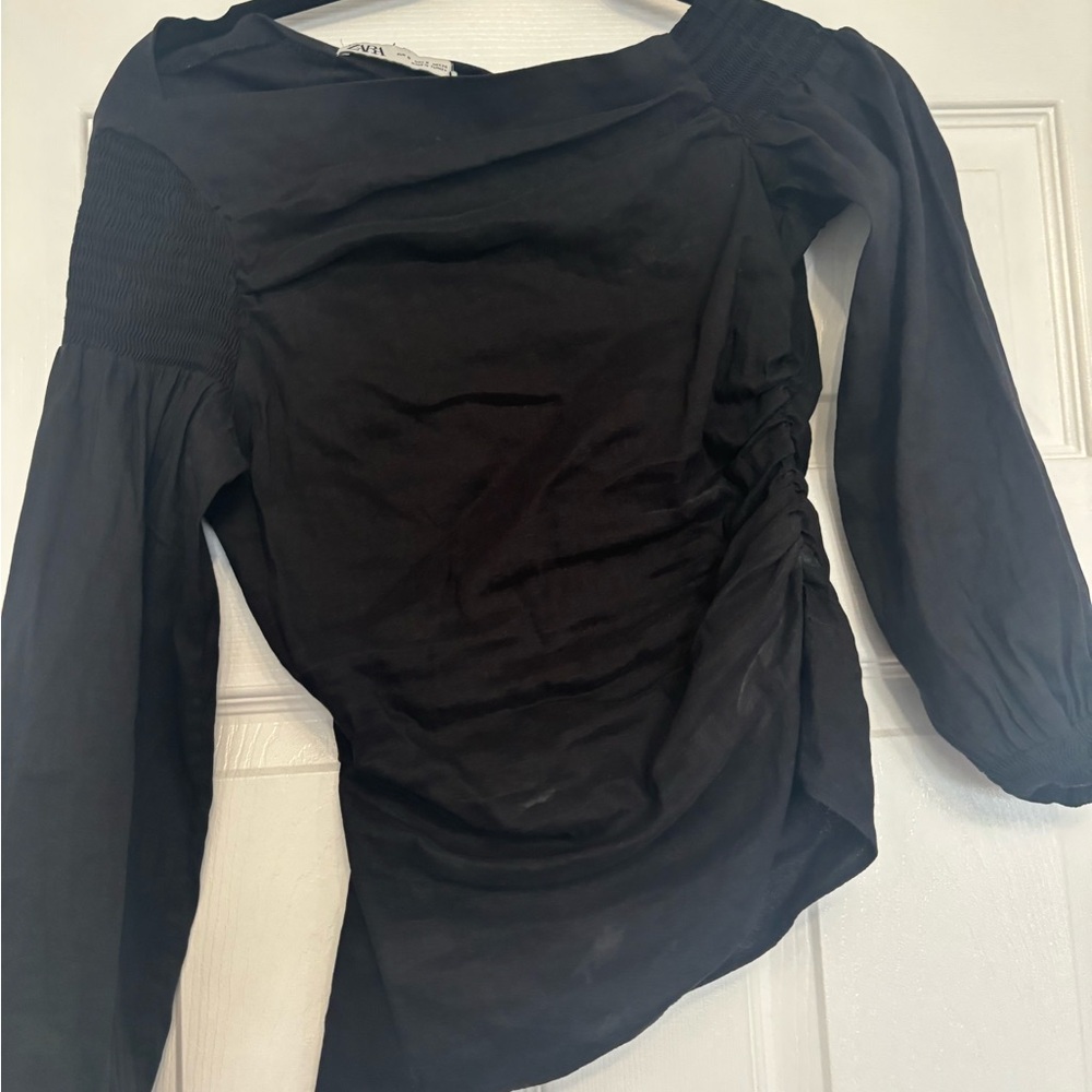 Zara Black Asymmetrical Ruched 3/4 Sleeve Blouse and skirt